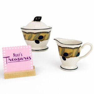 Noritake Stoneware OLIVE WREATH 8684 Blue Olive Lidded Sugar Bowl & Creamer Set